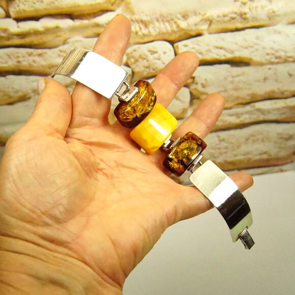 Unique Amber and 925 Silver Cuff Bracelet 6.75 - Picture 7 of 14